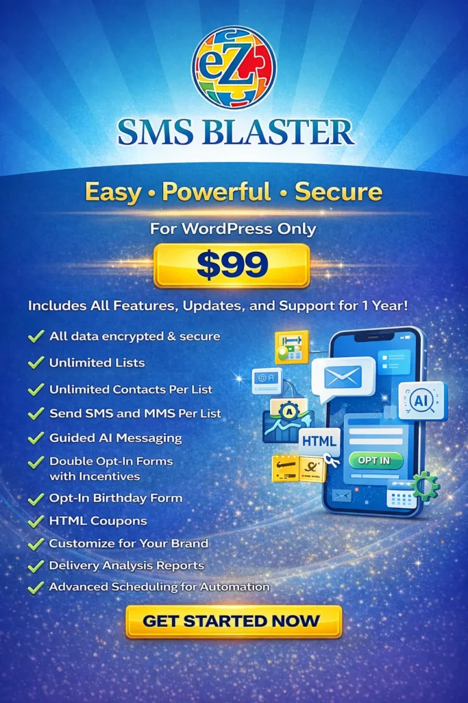 ez-sms-plugin eZ SMS Blaster SMS Plugin for WordPress with AI messaging automation unlimited lists HTML coupons analytics and scheduling