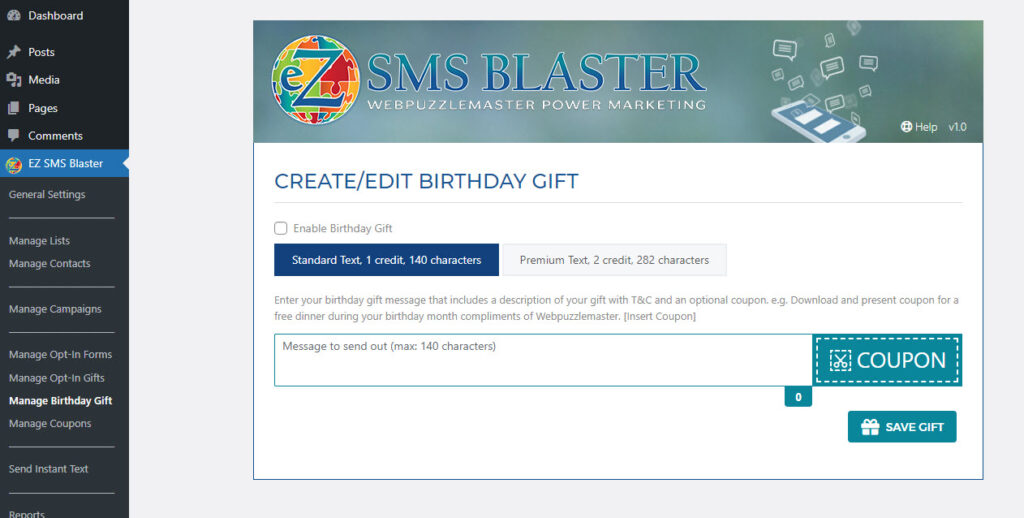 Manage SMS Birthday Gift