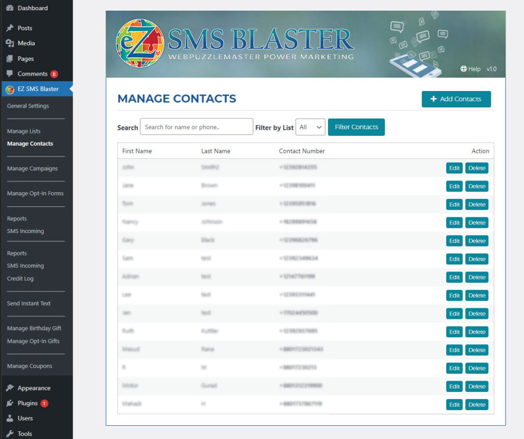 Manage SMS Contacts