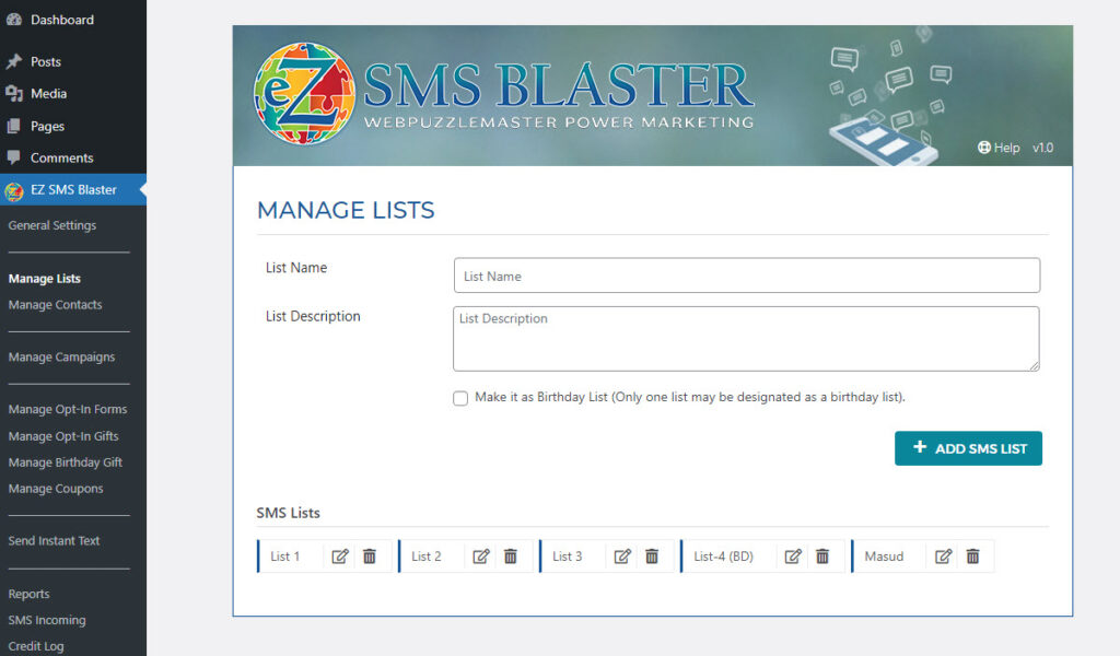 Manage SMS Lists