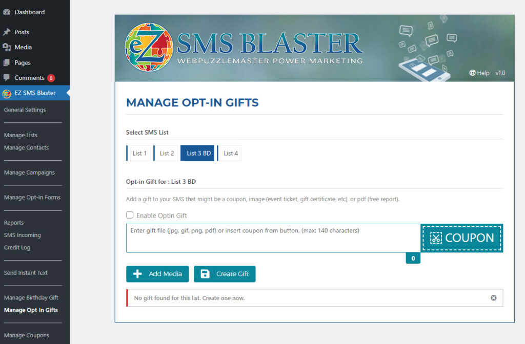 Manage SMS Opt-In Gifts