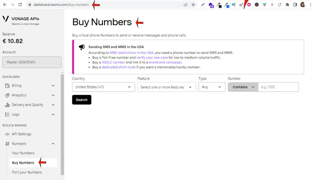 Vonage Search Buy Numbers