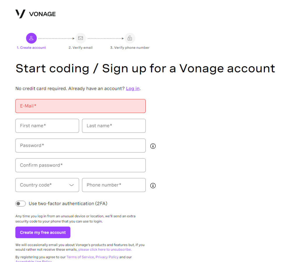 Vonage Sign Up