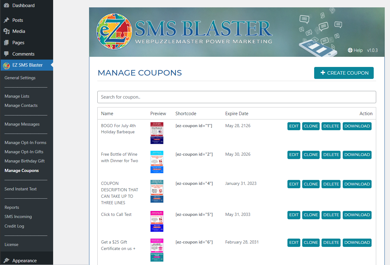 Manage Coupons Index