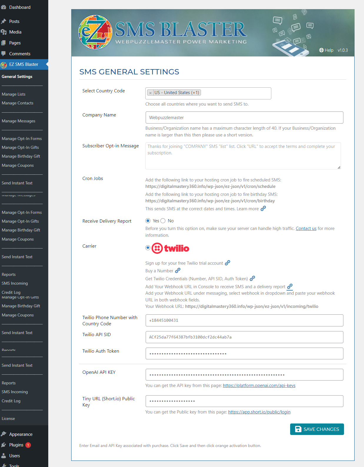 ez SMS Blaster general settings