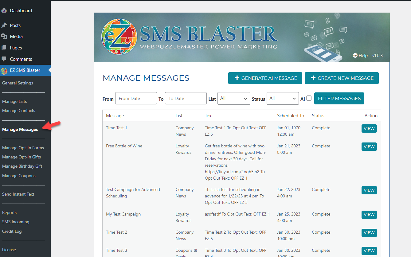 Manage SMS Messages main screen
