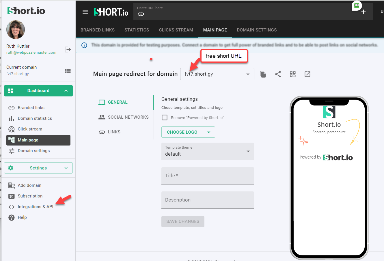 Short.io minified links desktop