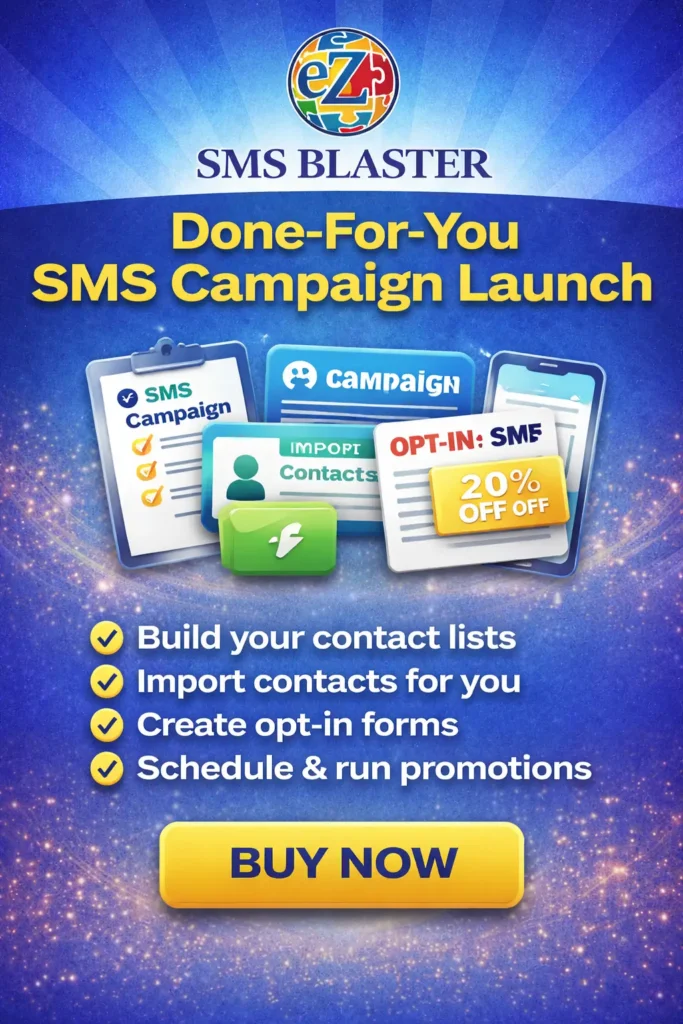 eZ SMS Blaster Done-For-You SMS Campaign Launch eZ SMS Blaster Done-For-You SMS campaign launch including list building contact import opt in forms scheduled promotions and coupon campaigns with buy now call to action