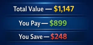 eZ SMS Blaster Complete Launch Bundle Pricing — Save $248 eZ SMS Blaster Complete Launch Bundle pricing showing total value $1,147, bundle price $899, and savings of $248