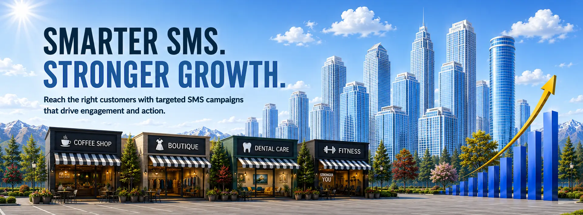 eZ SMS Blaster – Targeted SMS Marketing for Local Businesses eZ SMS Blaster targeted SMS marketing for local businesses, featuring local storefronts, a city skyline,