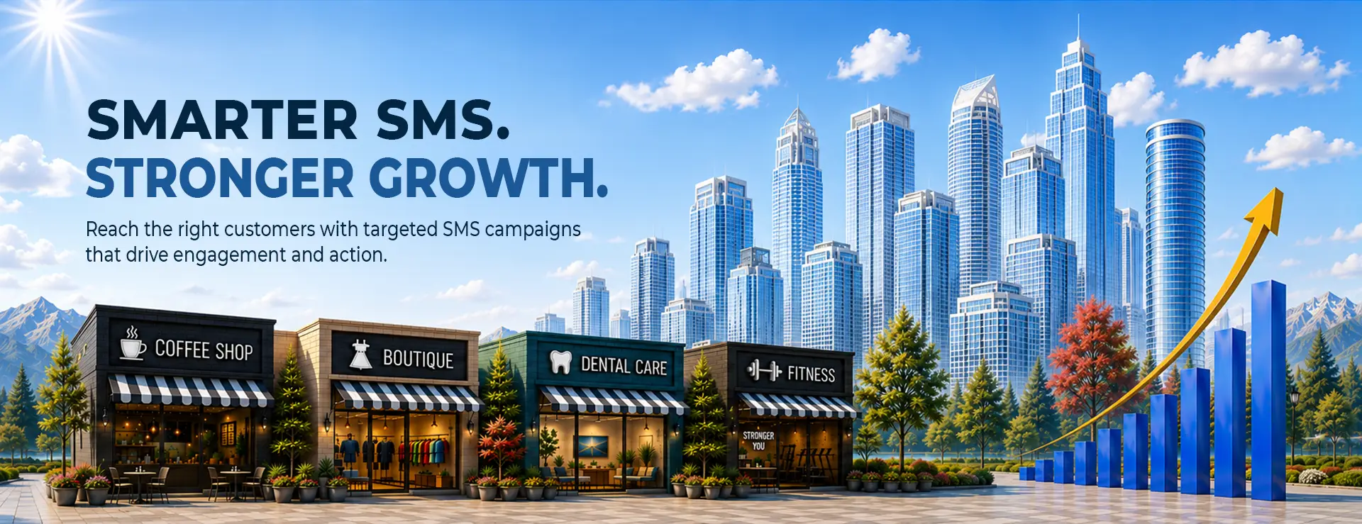 eZ SMS Blaster targeted SMS marketing for local businesses, featuring local storefronts, a city skyline,