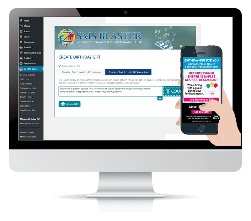 Ez SMS Blaster SMS Marketing WordPress Plugin Create Birthday Gift
