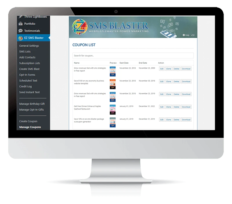 Ez SMS Blaster SMS Marketing WordPress Plugin Manage Coupons