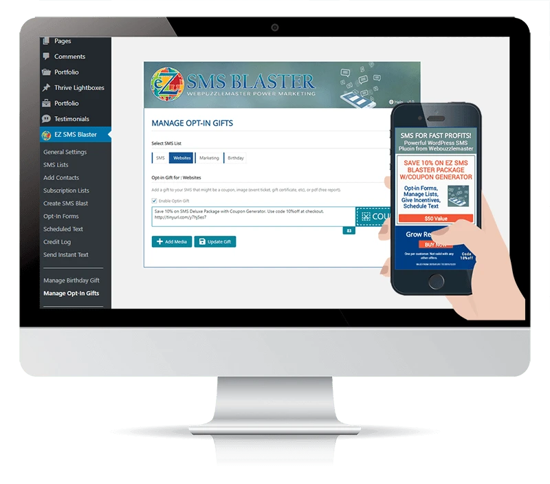 Ez SMS Blaster SMS Marketing WordPress Plugin Manage Opt-In Gifts