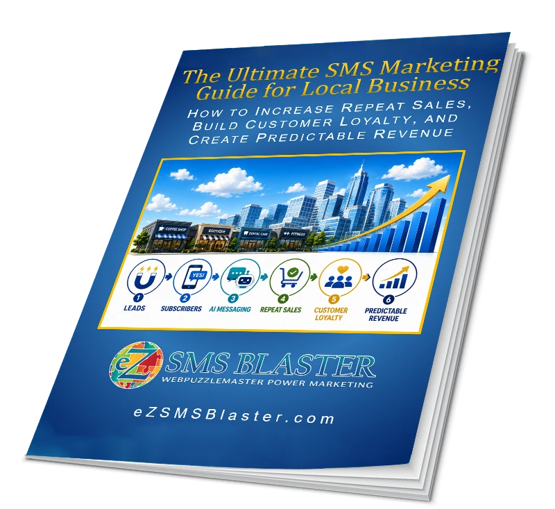 Cover of the eZ SMS Blaster SMS Marketing Guide for local businesses, illustrating strategies for generating leads, growing subscribers, using AI-assisted SMS messaging, increasing repeat sales, building customer loyalty, and creating predictable revenue.