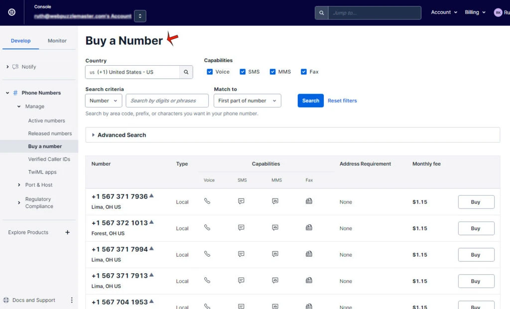 Twilio Buy a Number