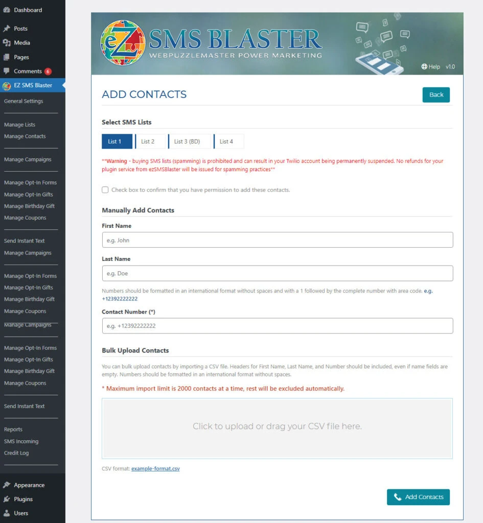 Add SMS Contacts