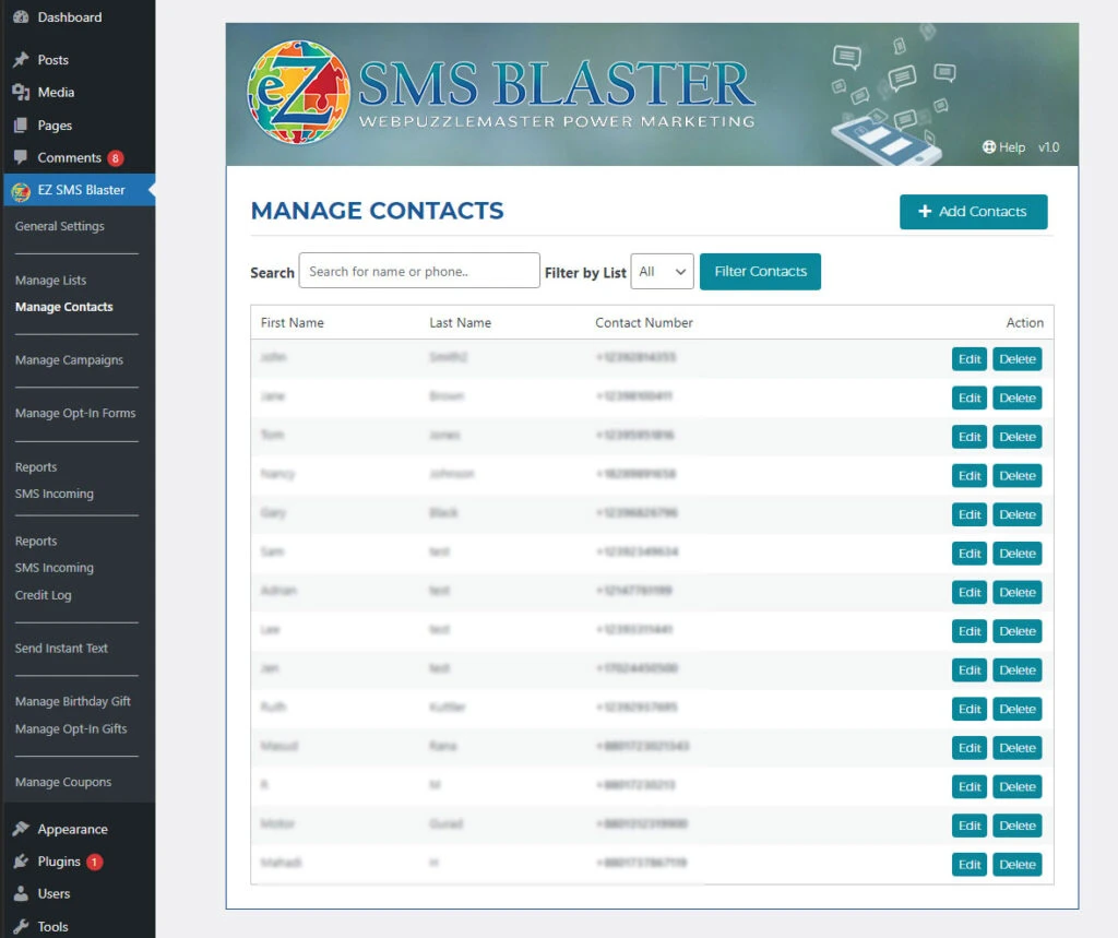 Manage SMS Contacts