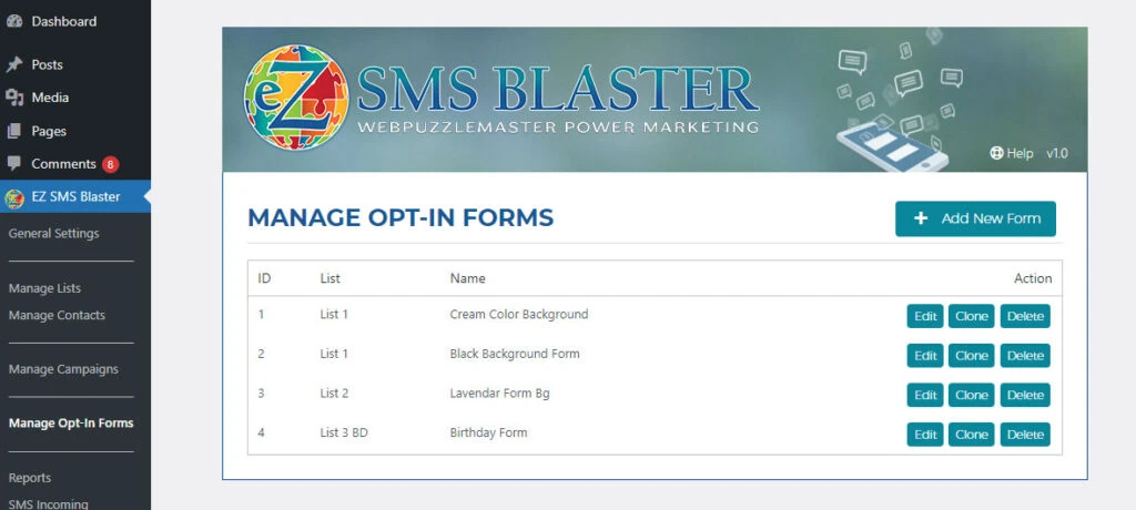 Manage SMS Opt-In Forms