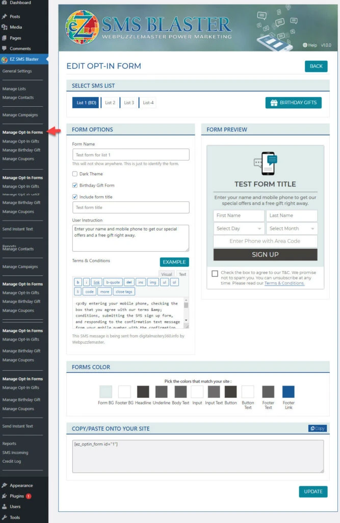 Form to customize with Short Code